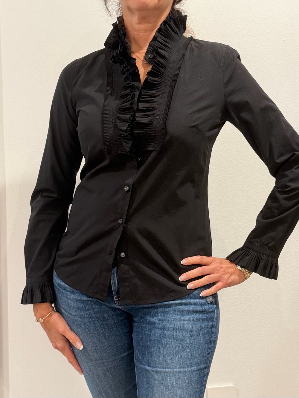 Women's Black Ruffle-Trim Button Front Blouse
